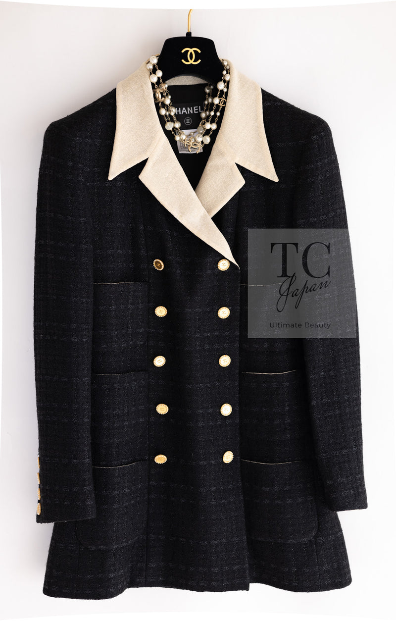 CHANEL 02S Black Beige Ivory Double Tweed Coat Jacket 42 シャネル ブラック ベージュ アイボリー ダブル ココボタン ツイード コート ジャケット 即発