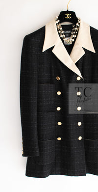 CHANEL 02S Black Beige Ivory Double Tweed Coat Jacket 42 シャネル ブラック ベージュ アイボリー ダブル ココボタン ツイード コート ジャケット 即発