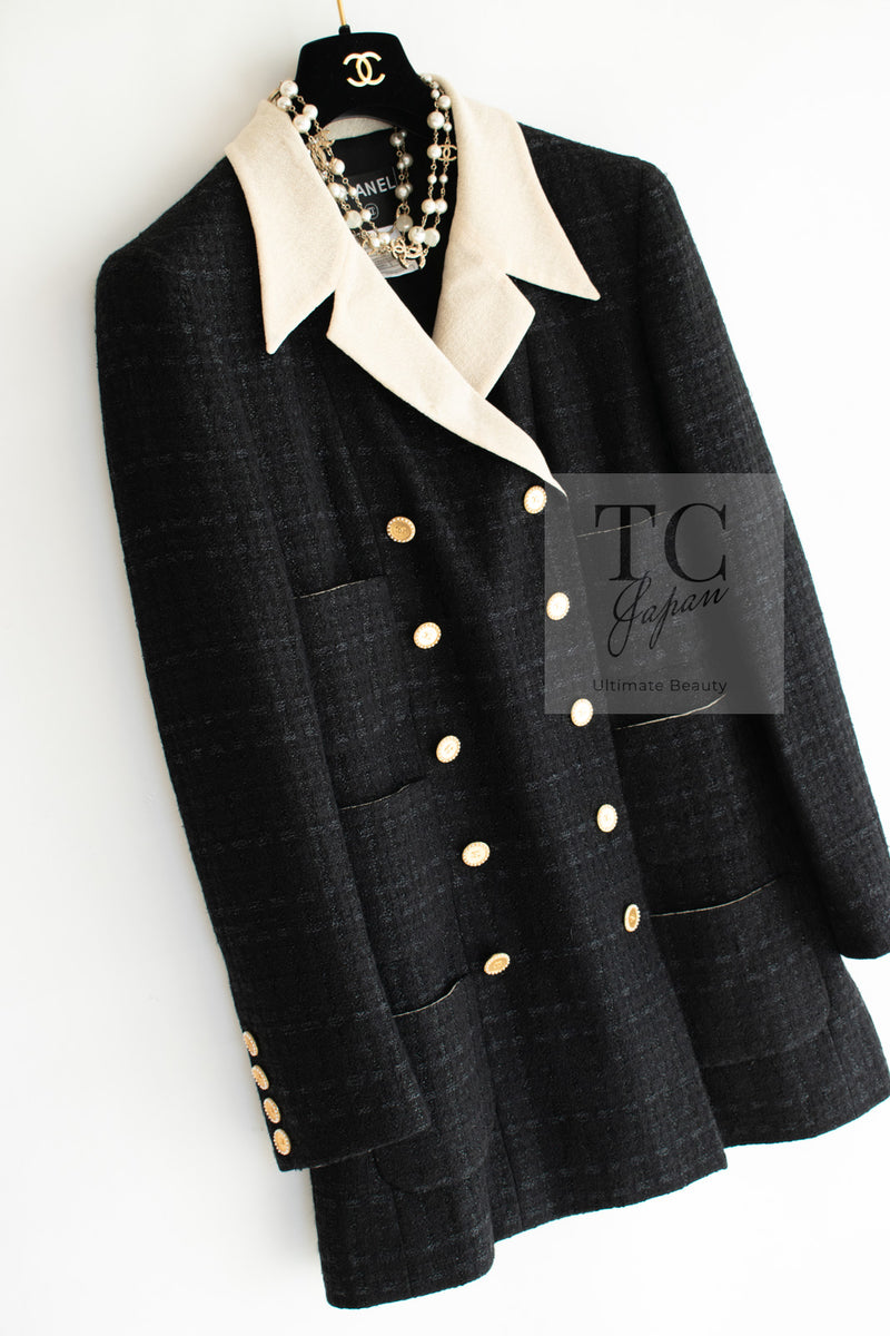 CHANEL 02S Black Beige Ivory Double Tweed Coat Jacket 42 シャネル ブラック ベージュ アイボリー ダブル ココボタン ツイード コート ジャケット 即発