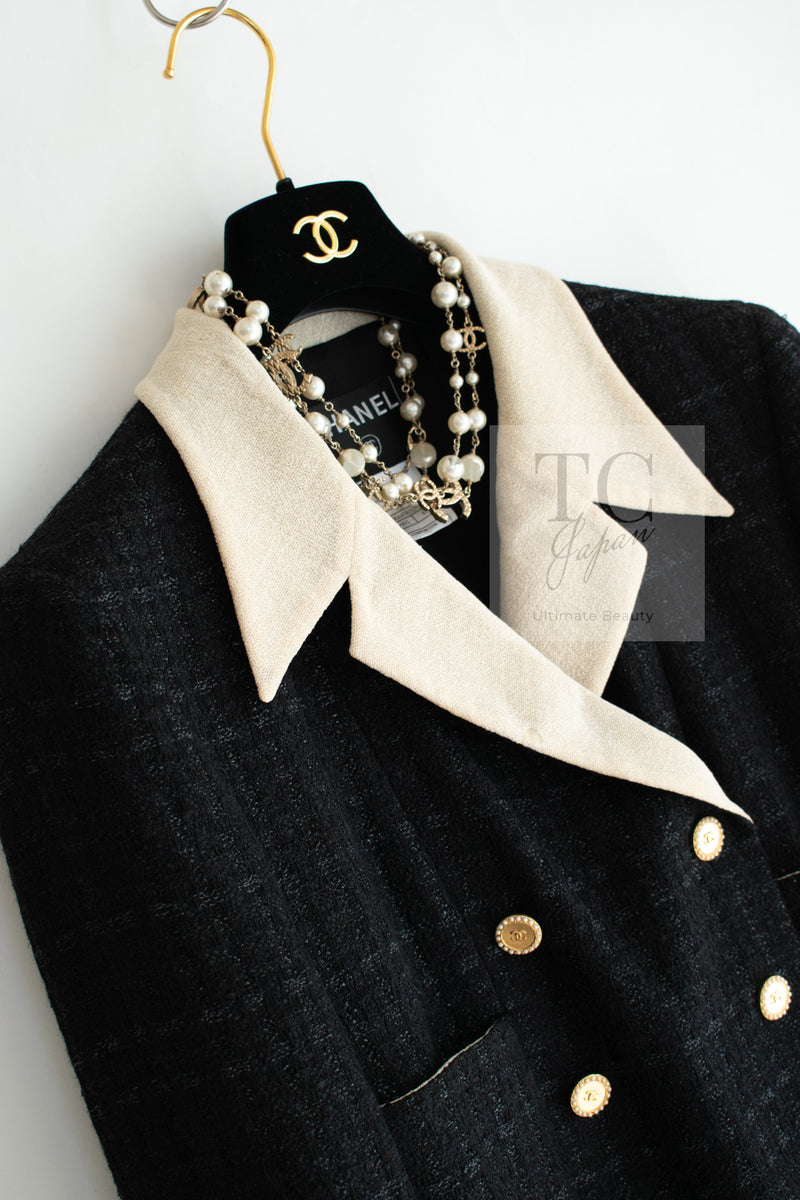 CHANEL 02S Black Beige Ivory Double Tweed Coat Jacket 42 シャネル ブラック ベージュ アイボリー ダブル ココボタン ツイード コート ジャケット 即発