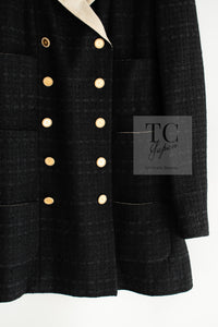 CHANEL 02S Black Beige Ivory Double Tweed Coat Jacket 42 シャネル ブラック ベージュ アイボリー ダブル ココボタン ツイード コート ジャケット 即発