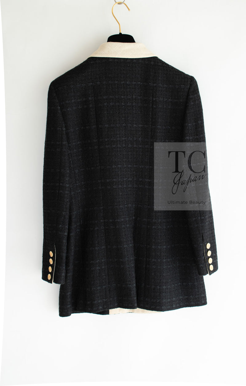 CHANEL 02S Black Beige Ivory Double Tweed Coat Jacket 42 シャネル ブラック ベージュ アイボリー ダブル ココボタン ツイード コート ジャケット 即発