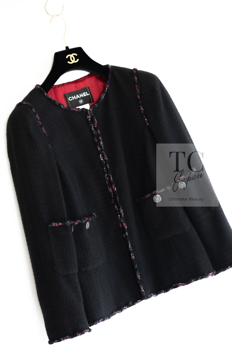 CHANEL 10PF Black Red Trimming Wool Tweed Collarless Jacket 38 シャネル ブラック レッド トリミング ウール ツイード ノーカラー ジャケット 即発