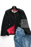 CHANEL 10PF Black Red Trimming Wool Tweed Collarless Jacket 38 シャネル ブラック レッド トリミング ウール ツイード ノーカラー ジャケット 即発