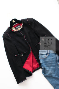 CHANEL 10PF Black Red Trimming Wool Tweed Collarless Jacket 38 シャネル ブラック レッド トリミング ウール ツイード ノーカラー ジャケット 即発