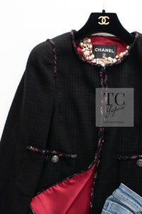 CHANEL 10PF Black Red Trimming Wool Tweed Collarless Jacket 38 シャネル ブラック レッド トリミング ウール ツイード ノーカラー ジャケット 即発