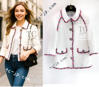 CHANEL 15C White Pink Blade Trimming Cotton Tweed Jacket 40 42 シャネル ホワイト ピンク ブレードトリミング コットン ツイード ジャケット 即発