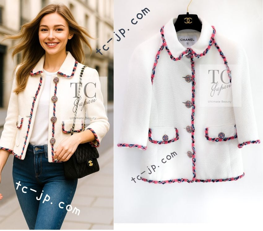 CHANEL 15C White Pink Blade Trimming Cotton Tweed Jacket 40 42 シャネル ホワイト ピンク ブレードトリミング コットン ツイード ジャケット 即発