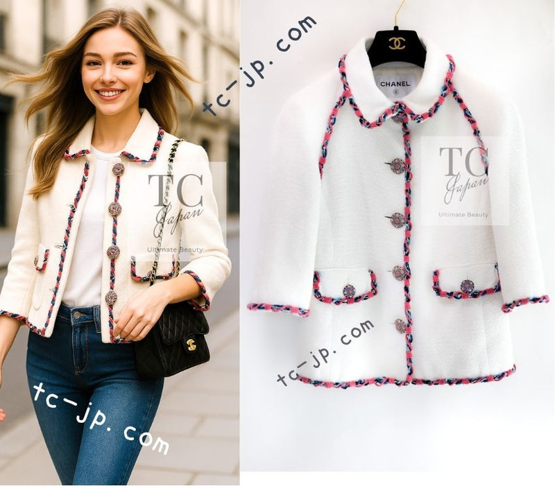 CHANEL 15C White Pink Blade Trimming Cotton Tweed Jacket 40 42 シャネル ホワイト ピンク ブレードトリミング コットン ツイード ジャケット 即発