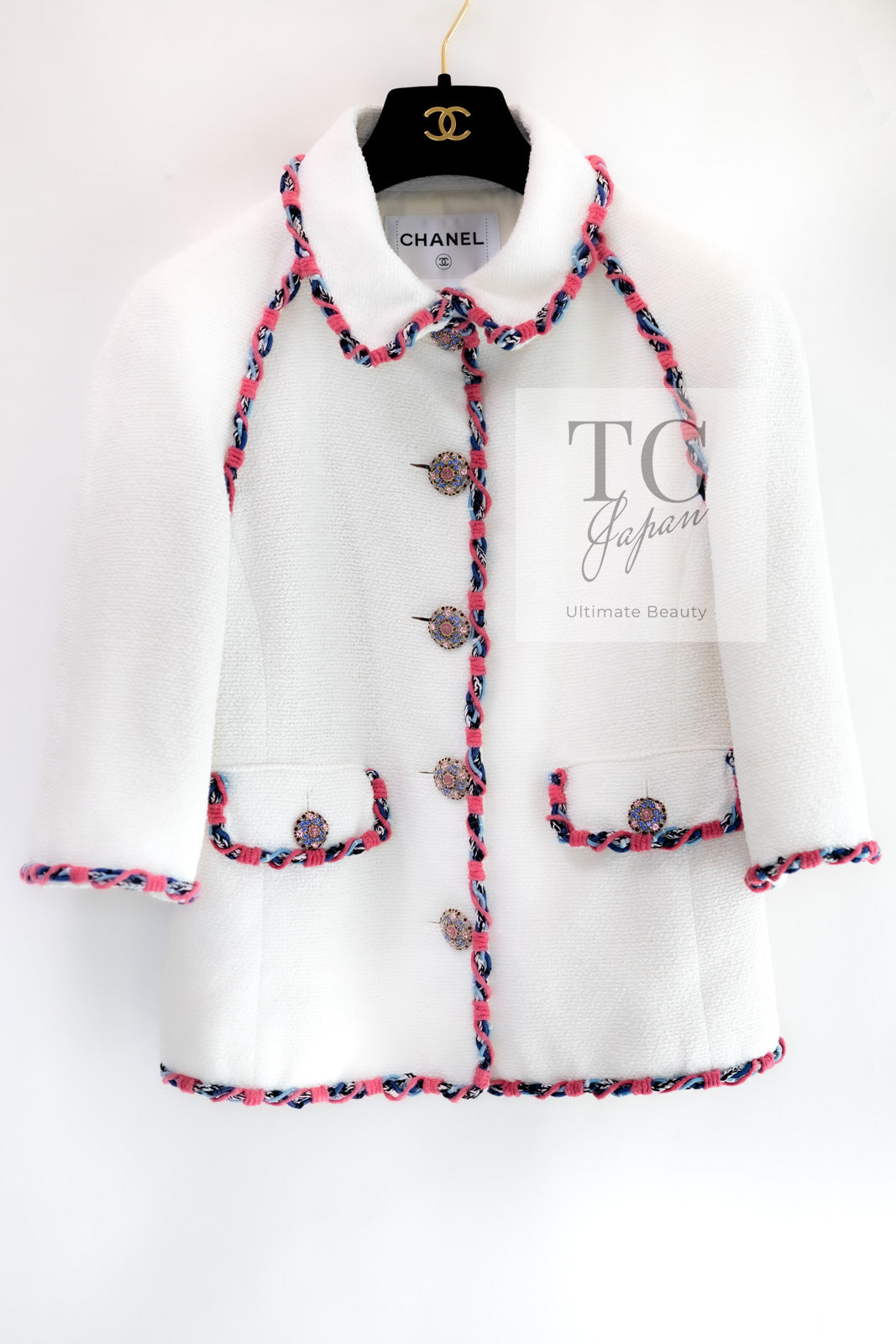 CHANEL 15C White Pink Blade Trimming Cotton Tweed Jacket 40 シャネル ホワイト ピンク ブレードトリミング コットン ツイード ジャケット 即発