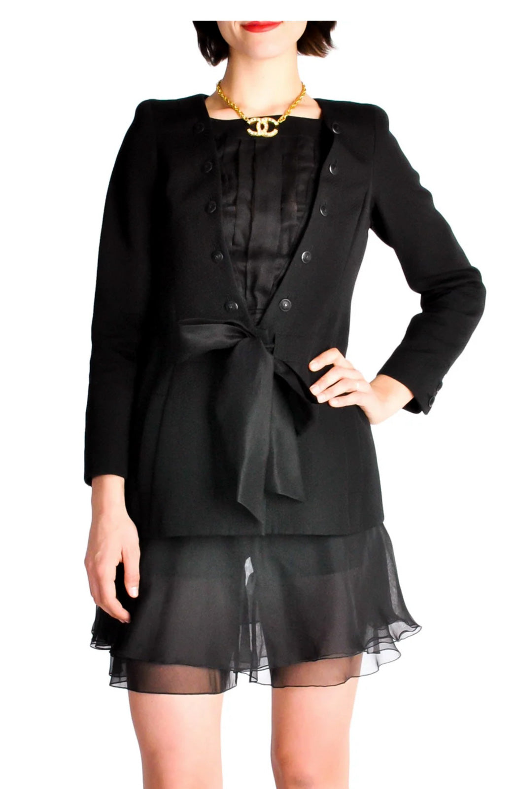 CHANEL 02S Black Cotton Silk Chiffon Organza Ribbon Tops Jacket 34 シャネル ブラック コットン シルク シフォン オーガンジー リボントップス ジャケット 即発