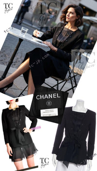 CHANEL 02S Black Cotton Silk Chiffon Organza Ribbon Tops Jacket 34 シャネル ブラック コットン シルク シフォン オーガンジー リボントップス ジャケット 即発
