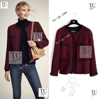 CHANEL 11A Red Black Zipper Collarless Braid Trim Tweed Jacket 38 シャネル レッド ブラック ジッパー ノーカラー ブレード トリム ツイード ジャケット 即発