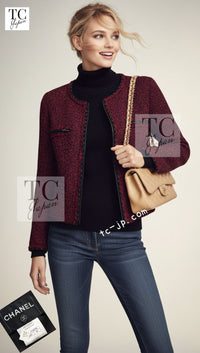 CHANEL 11A Red Black Zipper Collarless Braid Trim Tweed Jacket 38 シャネル レッド ブラック ジッパー ノーカラー ブレード トリム ツイード ジャケット 即発