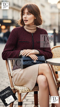 CHANEL 11A Red Black Zipper Collarless Braid Trim Tweed Jacket 38 シャネル レッド ブラック ジッパー ノーカラー ブレード トリム ツイード ジャケット 即発