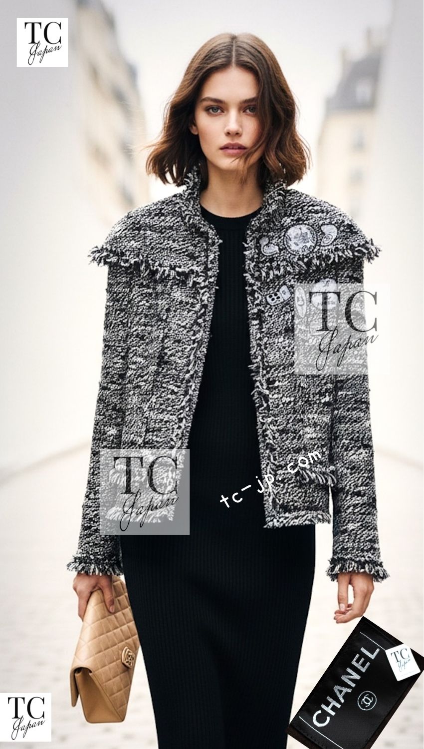 CHANEL 04A Black Choco Le Makeup de Tweed Jacket 34 36 シャネル ブラック チョコ メイクアップ ワッペン ウール ツイード ジャケット 即発