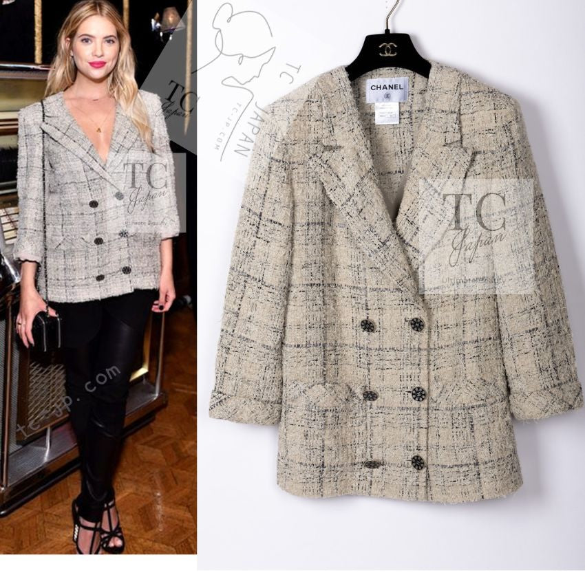 CHANEL 16C Beige Grey Cotton Tweed Double Jacket 44 46 シャネル ベージュ グレー コットン ツイード ダブル ジャケット 即発