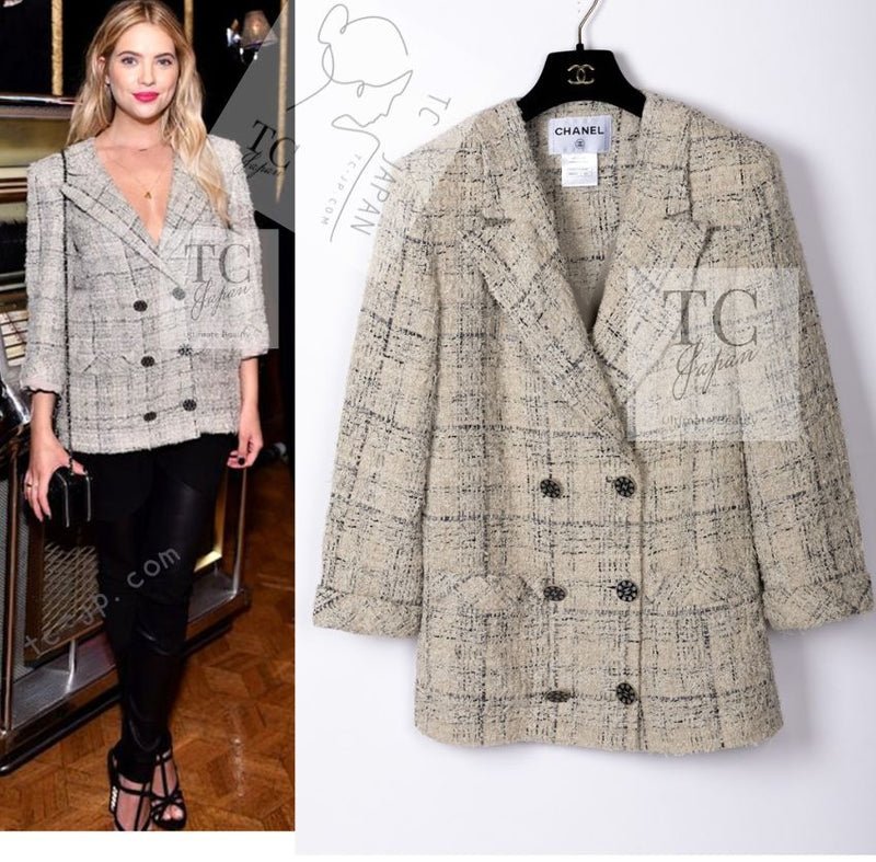 CHANEL 16C Beige Grey Cotton Tweed Double Jacket 44 46 シャネル ベージュ グレー コットン ツイード ダブル ジャケット 即発