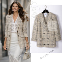 CHANEL 16C Beige Grey Cotton Tweed Double Jacket 44 46 シャネル ベージュ グレー コットン ツイード ダブル ジャケット 即発