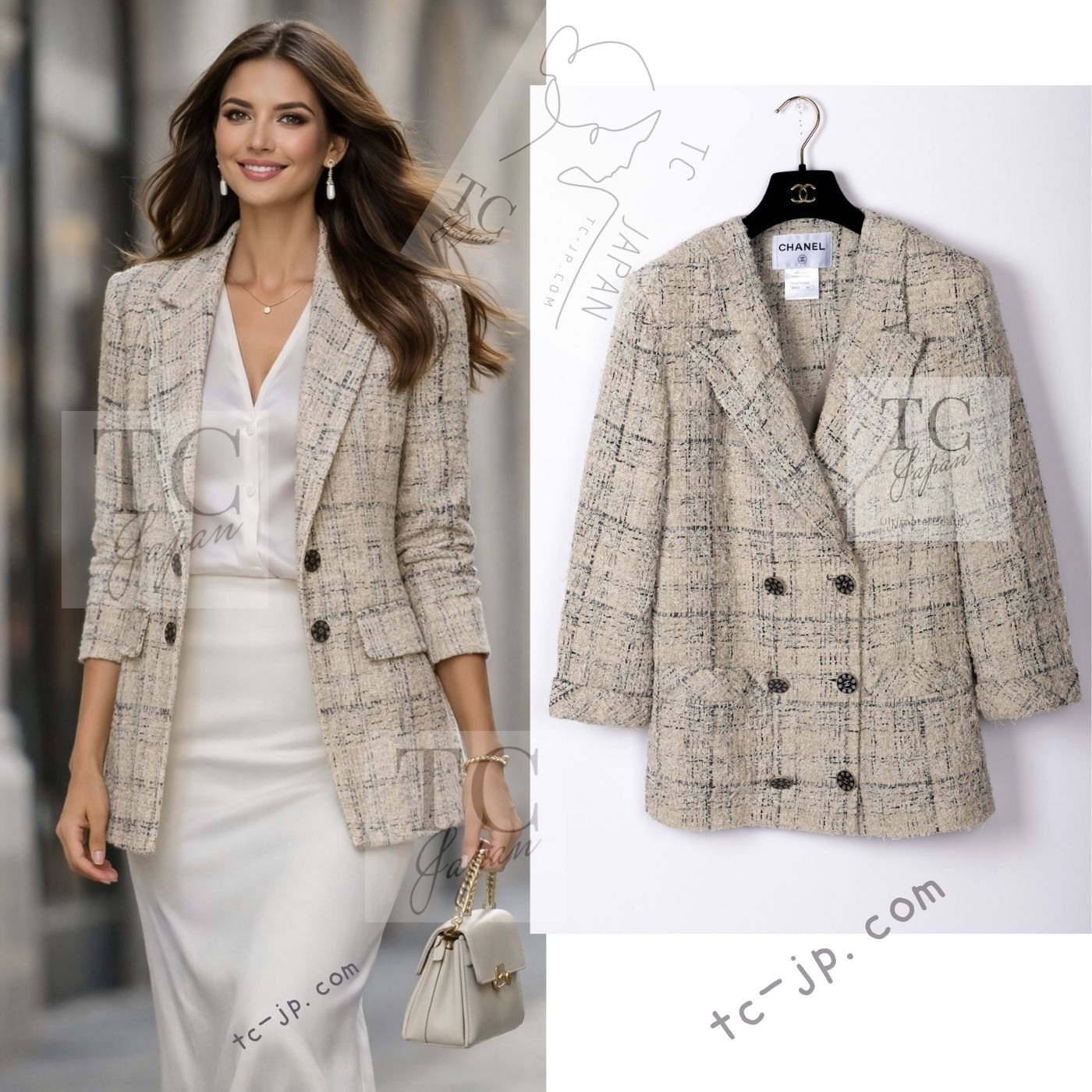 CHANEL 16C Beige Grey Cotton Tweed Double Jacket 44 46 シャネル ベージュ グレー コットン ツイード ダブル ジャケット 即発