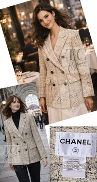 CHANEL 16C Beige Grey Cotton Tweed Double Jacket 44 46 シャネル ベージュ グレー コットン ツイード ダブル ジャケット 即発