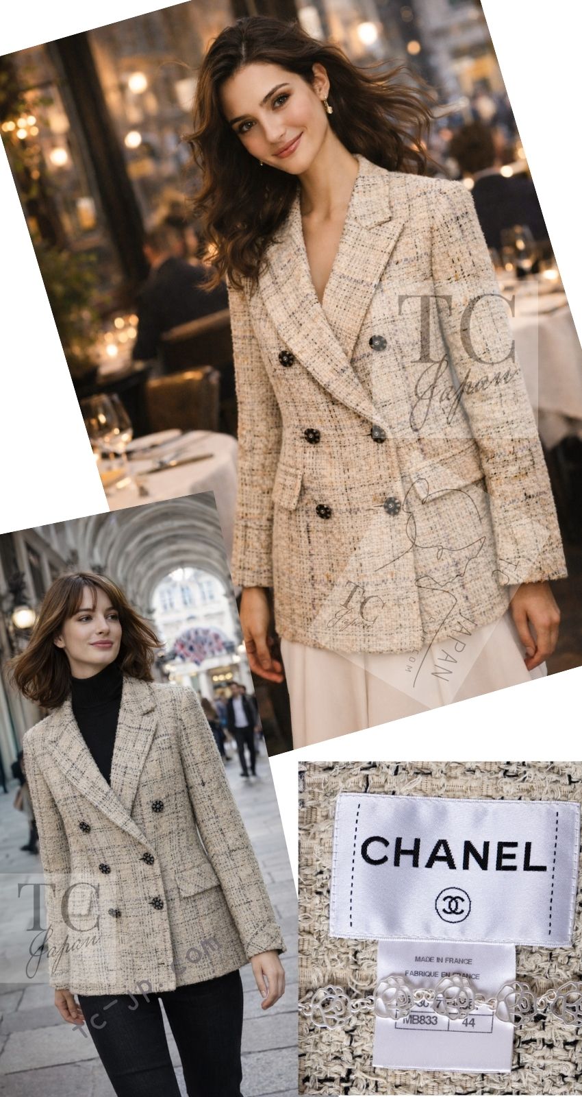 CHANEL 16C Beige Grey Cotton Tweed Double Jacket 44 46 シャネル ベージュ グレー コットン ツイード ダブル ジャケット 即発