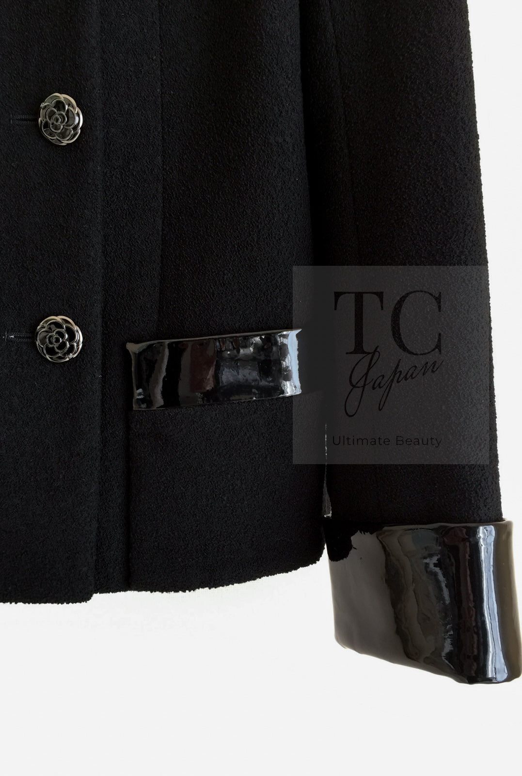 CHANEL 15A Black Wool Patent Leather Collar Jacket 38 シャネル ブラック ウール 女優 パク シネ着 パテント レザー 襟 ジャケット 即発
