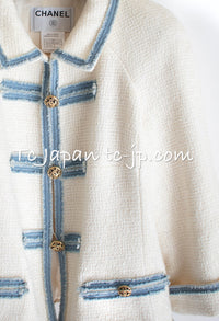 CHANEL 07S Ivory Wash Blue Trim Cotton Jacket 34 シャネル アイボリー ライトブルー トリミング コットン ジャケット 即発