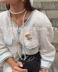 CHANEL 07S Ivory Wash Blue Trim Cotton Jacket 40 シャネル アイボリー ライトブルー トリミング コットン ジャケット 即発