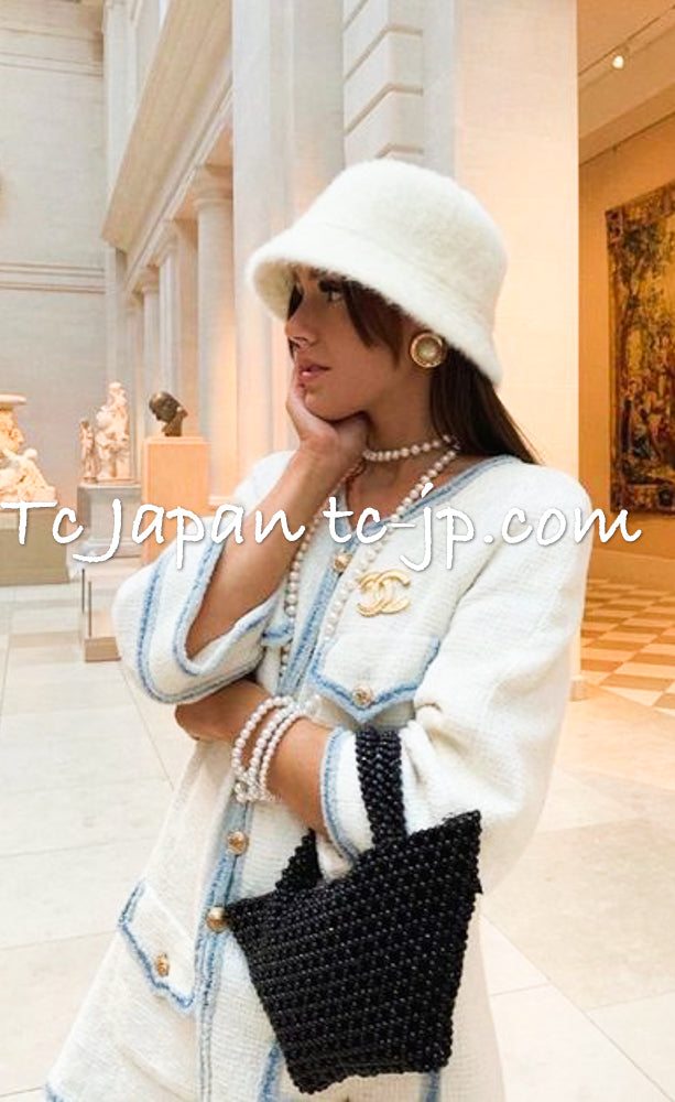 CHANEL 07S Ivory Wash Blue Trim Cotton Jacket 40 シャネル アイボリー ライトブルー トリミング コットン ジャケット 即発