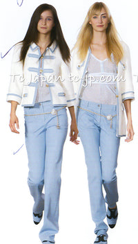 CHANEL 07S Ivory Wash Blue Trim Cotton Jacket 40 シャネル アイボリー ライトブルー トリミング コットン ジャケット 即発