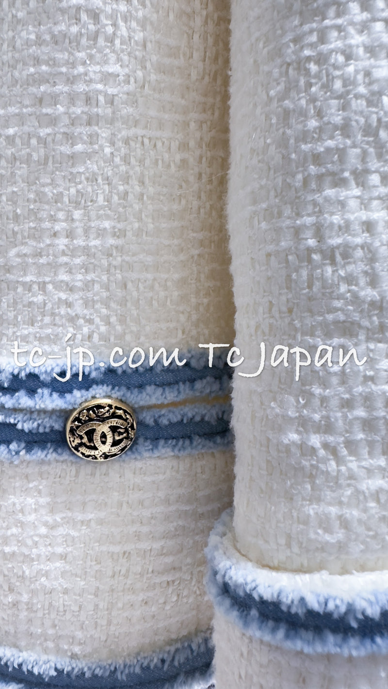 CHANEL 07S Ivory Wash Blue Trim Cotton Jacket 34 シャネル アイボリー ライトブルー トリミング コットン ジャケット 即発