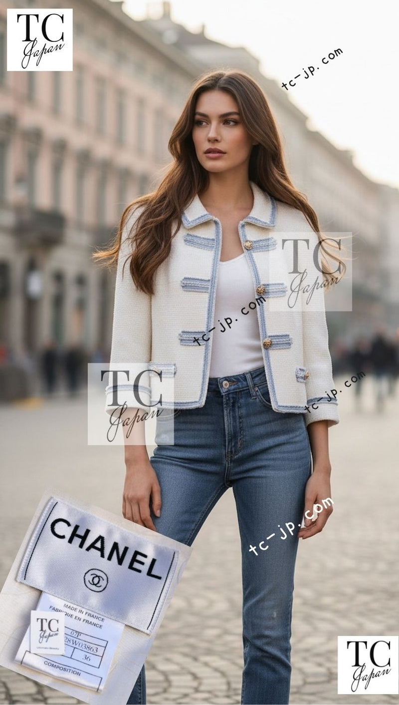 CHANEL 07S Ivory Wash Blue Trim Cotton Jacket 36 40 シャネル アイボリー ライトブルー トリミング コットン ジャケット 即発