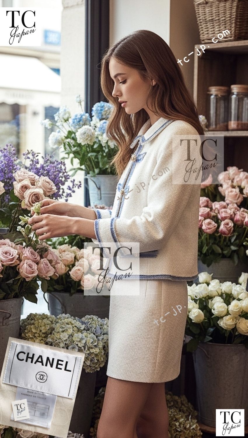 CHANEL 07S Ivory Wash Blue Trim Cotton Jacket 40 シャネル アイボリー ライトブルー トリミング コットン ジャケット 即発