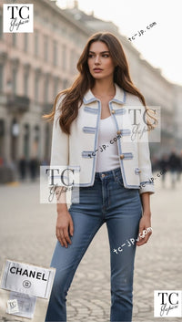 CHANEL 07S Ivory Wash Blue Trim Cotton Jacket 40 シャネル アイボリー ライトブルー トリミング コットン ジャケット 即発