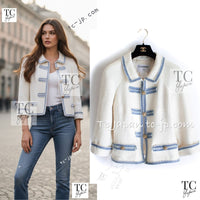 CHANEL 07S Ivory Wash Blue Trim Cotton Jacket 40 シャネル アイボリー ライトブルー トリミング コットン ジャケット 即発