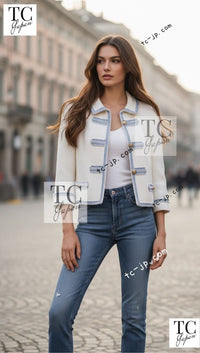 CHANEL 07S Ivory Wash Blue Trim Cotton Jacket 40 シャネル アイボリー ライトブルー トリミング コットン ジャケット 即発