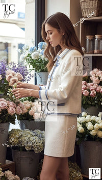 CHANEL 07S Ivory Wash Blue Trim Cotton Jacket 40 シャネル アイボリー ライトブルー トリミング コットン ジャケット 即発
