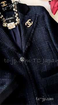 CHANEL 11S Navy Black CC Logo Button Wool Silk Jacket 40 シャネル ネイビー ブラック ココボタン ウール シルク ジャケット 即発