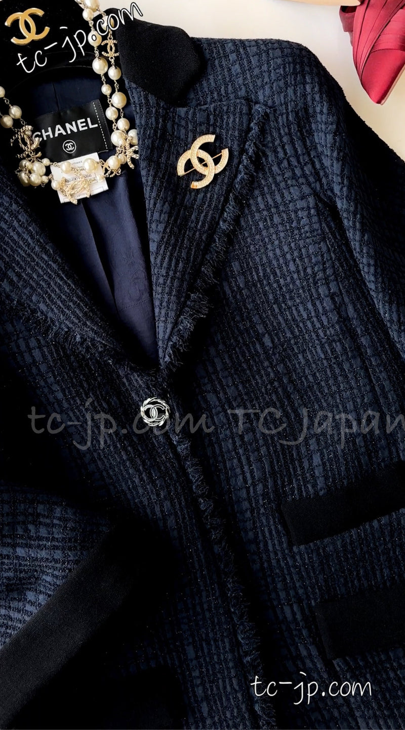 CHANEL 11S Navy Black CC Logo Button Wool Silk Jacket 40 シャネル ネイビー ブラック ココボタン ウール シルク ジャケット 即発