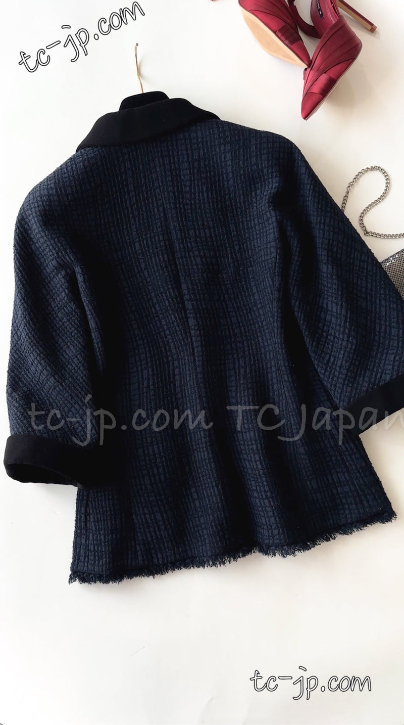 CHANEL 11S Navy Black CC Logo Button Wool Silk Jacket 40 シャネル ネイビー ブラック ココボタン ウール シルク ジャケット 即発