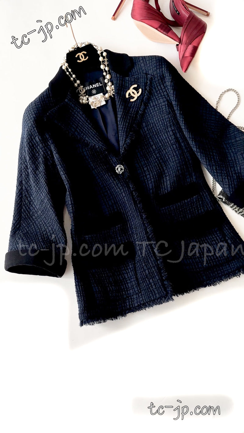 CHANEL 11S Navy Black CC Logo Button Wool Silk Jacket 40 シャネル ネイビー ブラック ココボタン ウール シルク ジャケット 即発