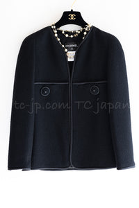 CHANEL 15B Black Wool Piping Collarless Jacket 34 36 38 シャネル ブラック ウール パイピング ノーカラー ジャケット 即発