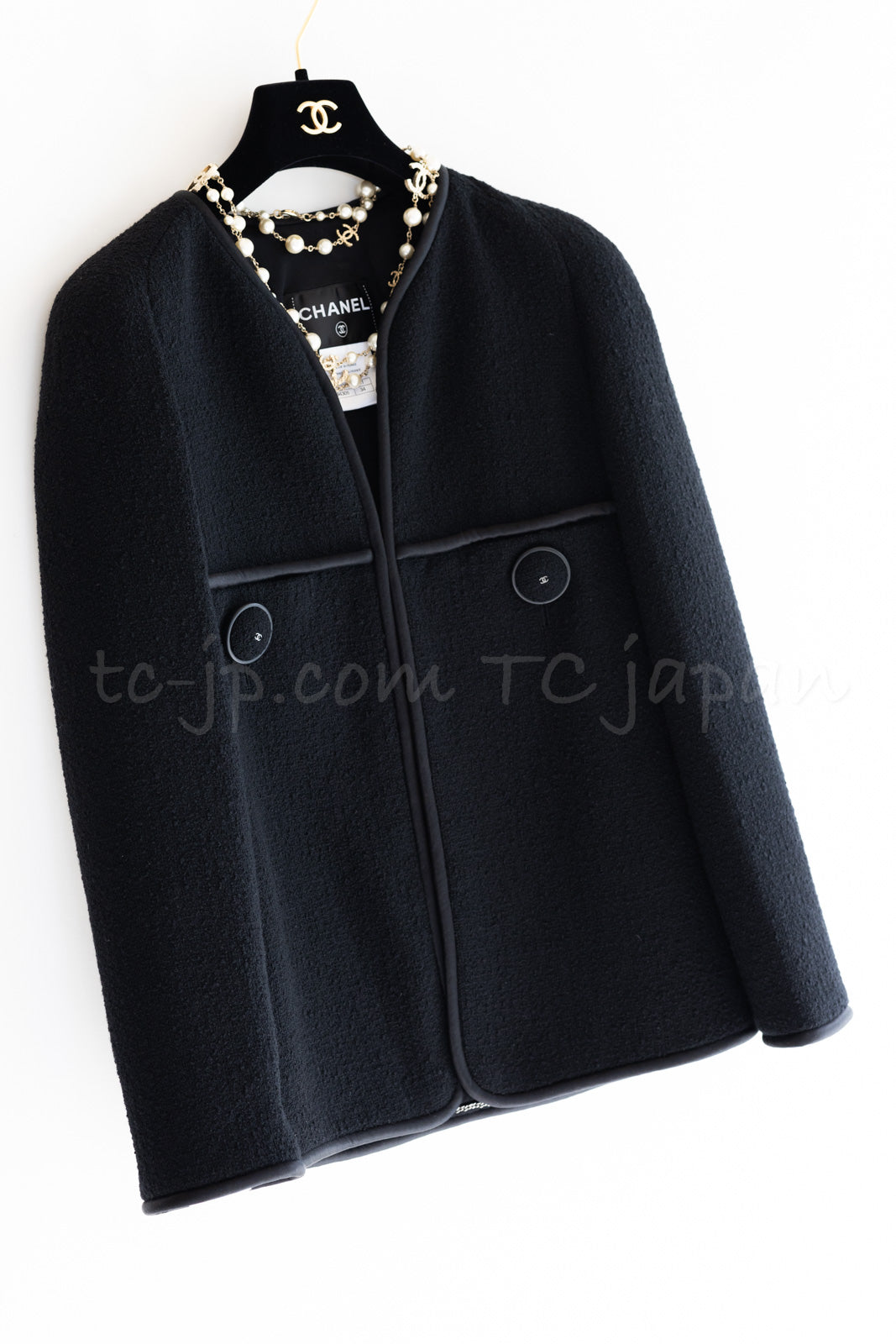 CHANEL 15B Black Wool Piping Collarless Jacket 34 36 38 シャネル ブラック ウール パイピング ノーカラー ジャケット 即発