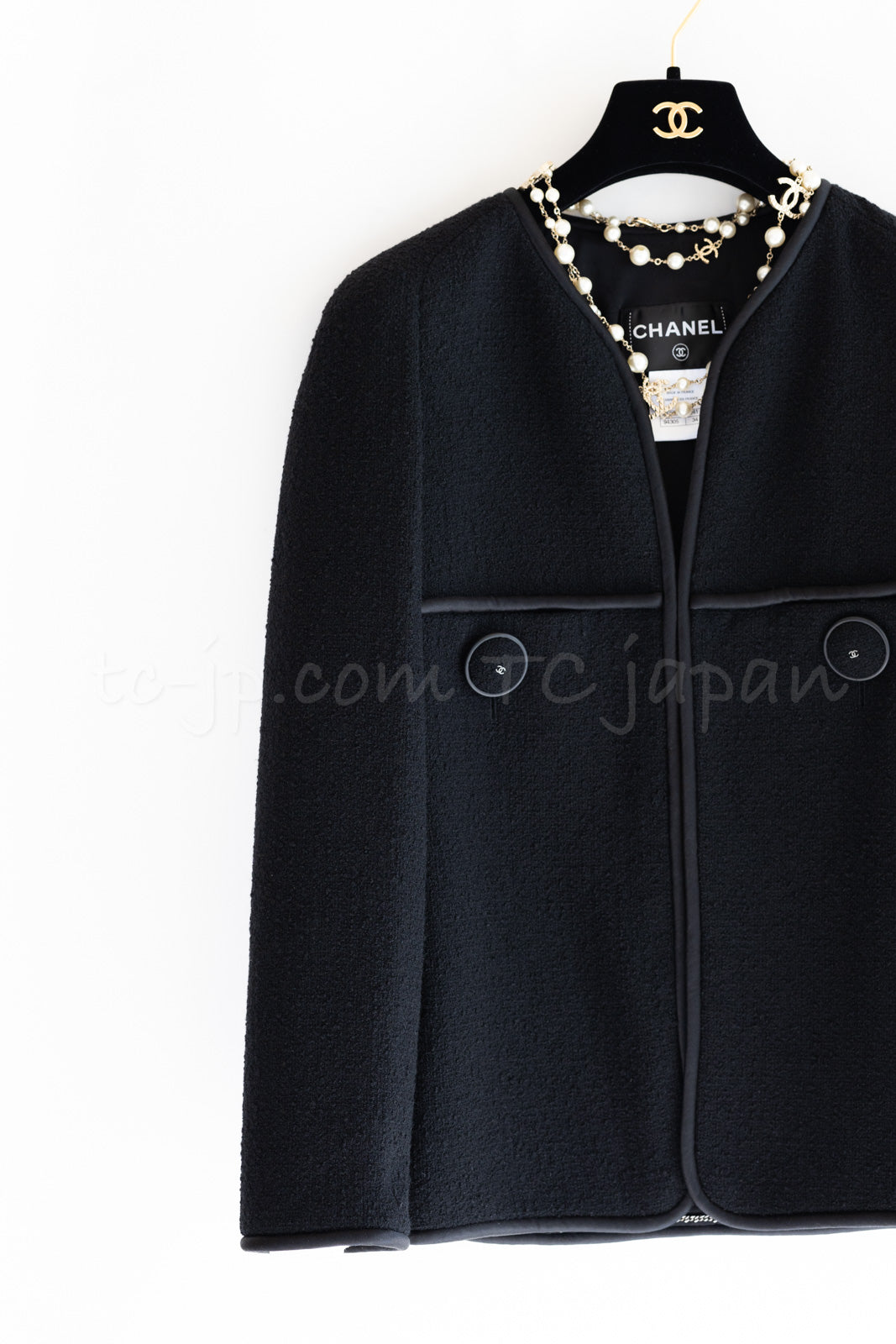 CHANEL 15B Black Wool Piping Collarless Jacket 34 36 38 シャネル ブラック ウール パイピング ノーカラー ジャケット 即発