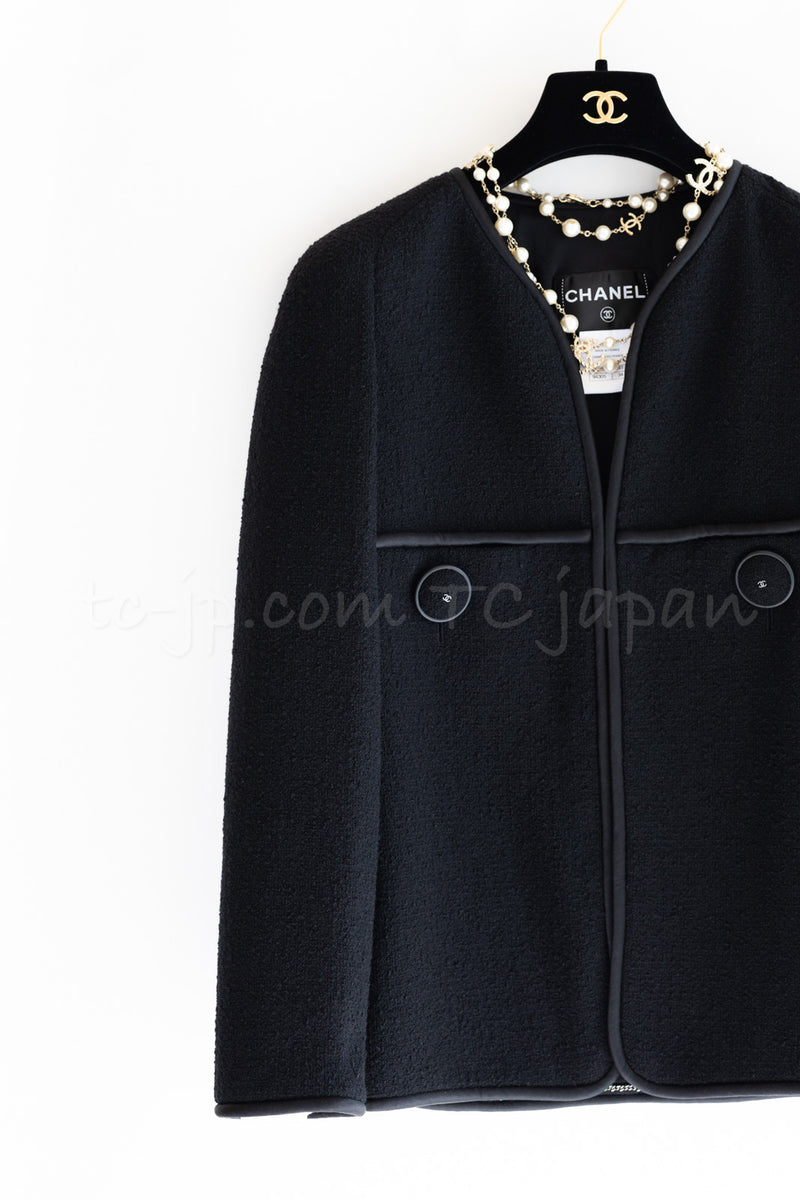 CHANEL 15B Black Wool Piping Collarless Jacket 34 36 38 シャネル ブラック ウール パイピング ノーカラー ジャケット 即発
