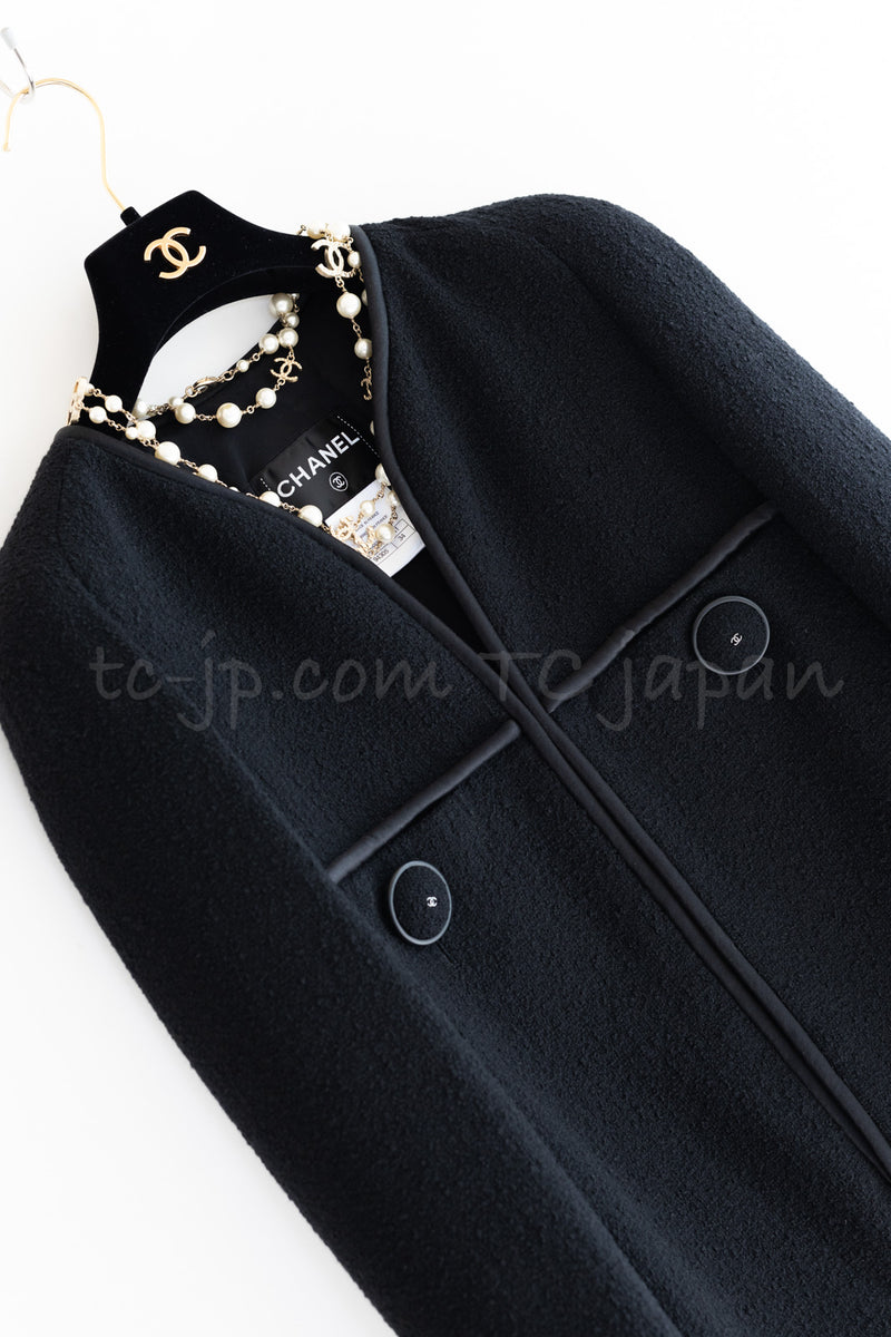 CHANEL 15B Black Wool Piping Collarless Jacket 34 36 38 シャネル ブラック ウール パイピング ノーカラー ジャケット 即発