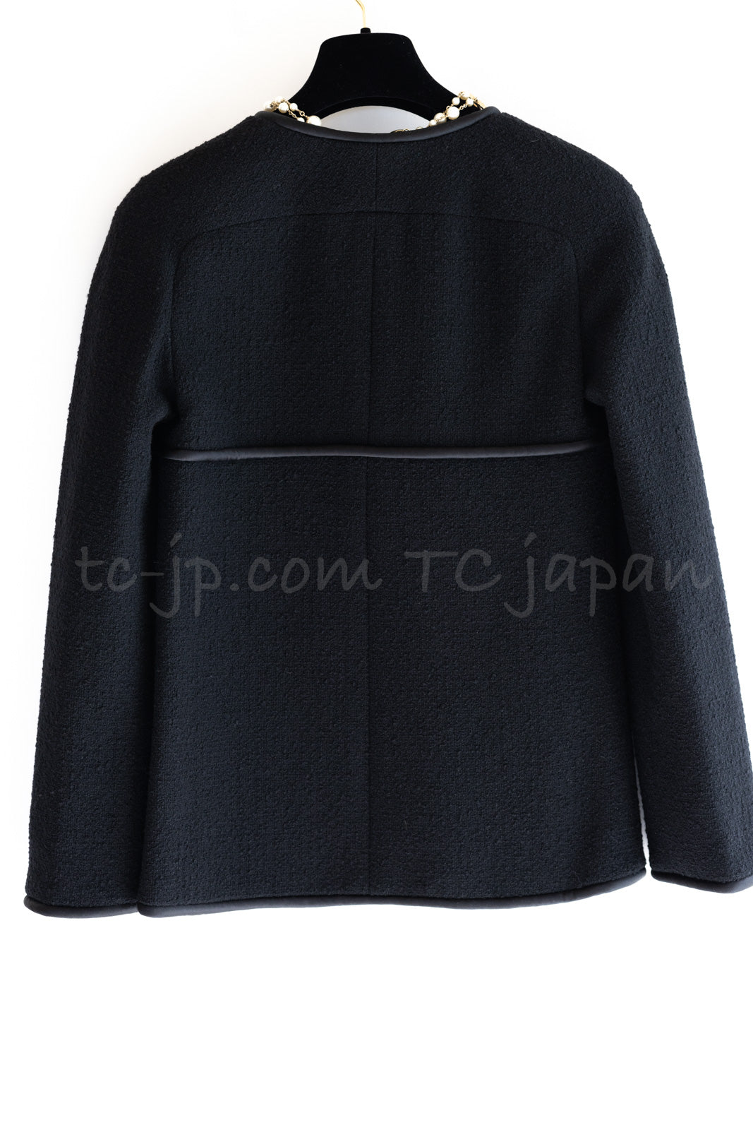 CHANEL 15B Black Wool Piping Collarless Jacket 34 36 38 シャネル ブラック ウール パイピング ノーカラー ジャケット 即発