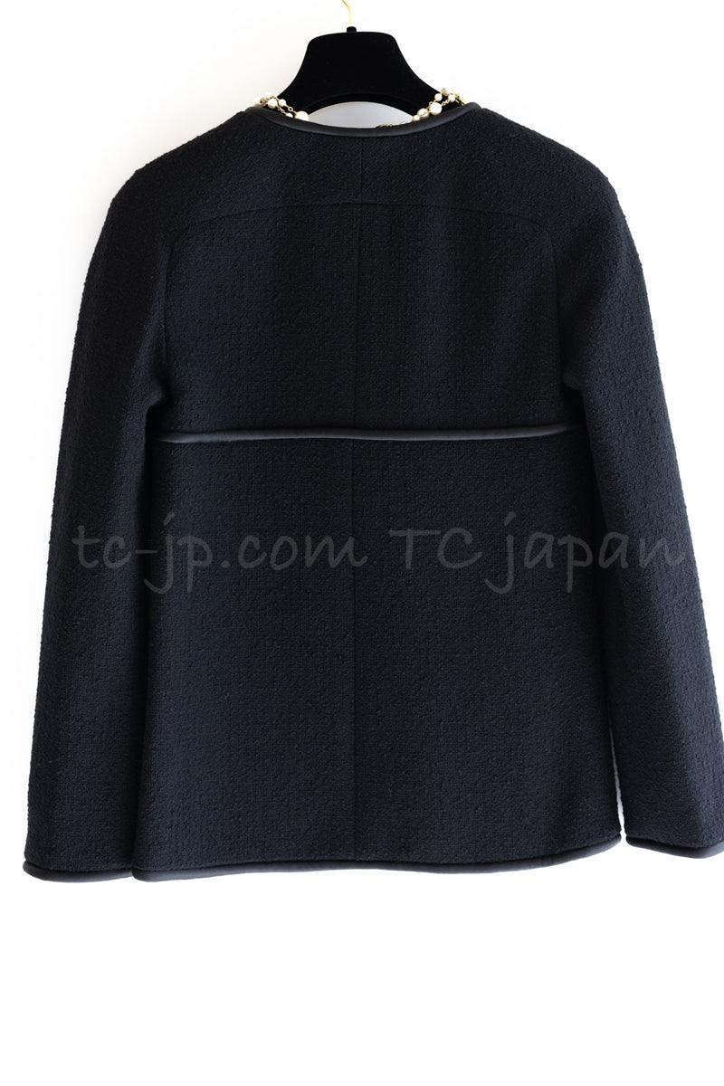 CHANEL 15B Black Wool Piping Collarless Jacket 34 36 38 シャネル ブラック ウール パイピング ノーカラー ジャケット 即発