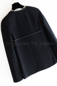CHANEL 15B Black Wool Piping Collarless Jacket 34 36 38 シャネル ブラック ウール パイピング ノーカラー ジャケット 即発